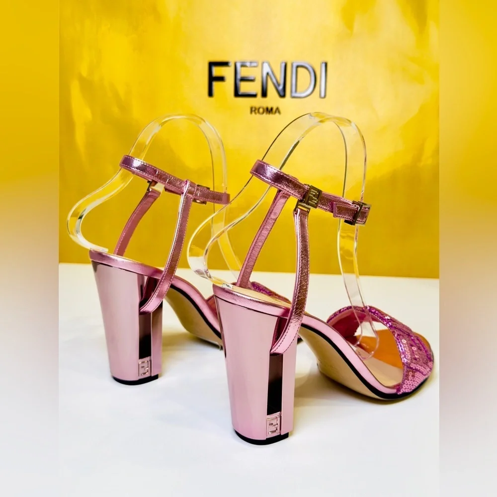 Fendi Delfina Heel Strap Sandals Pink Metallic Goat Leather FF Sequin Size 37 - Picture 10 of 16